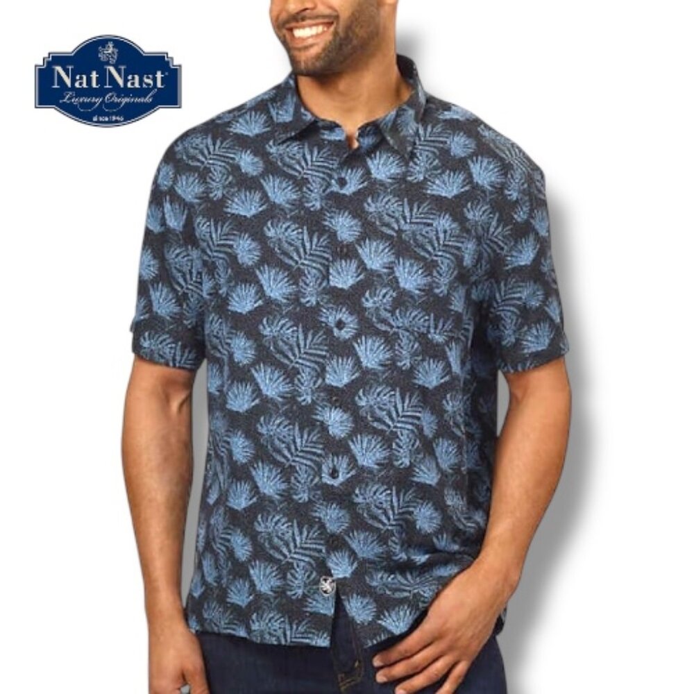 NatNast Mens Silk Hawaiian Blue Fern Print Resort Coastal Beachy Shirt | Size L